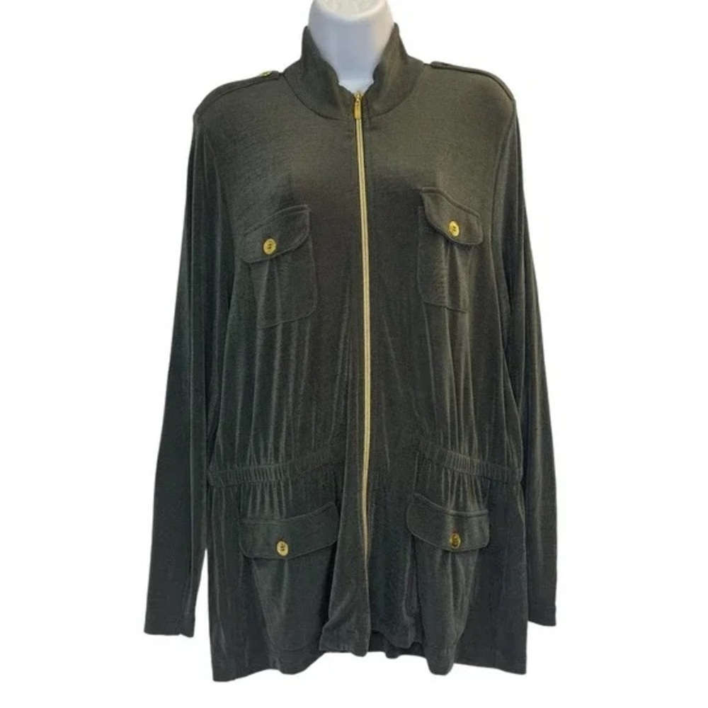 Chico's Travelers 3 Zip Front Long Sleeve Jacket Women's XL Slinky Military